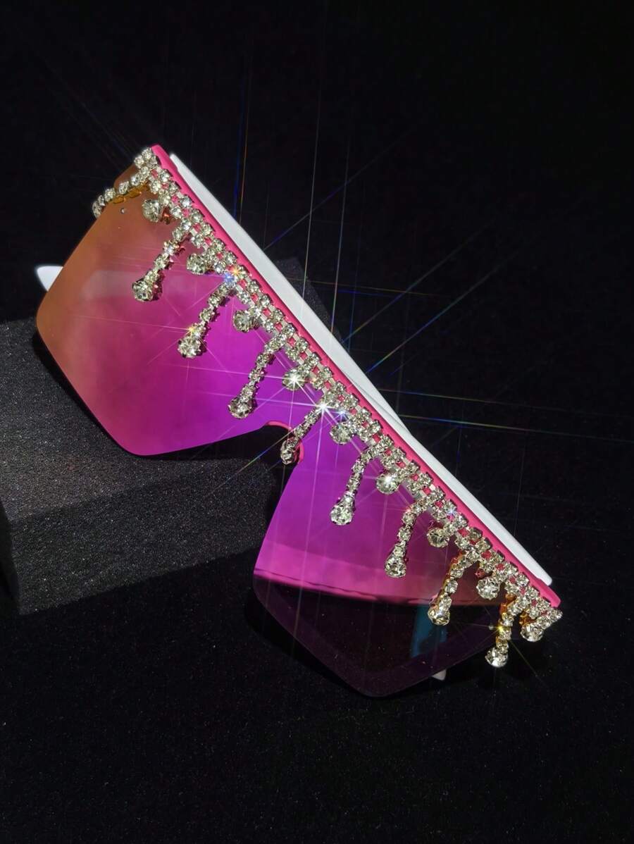 1 buc Ochelari de soare la modă cu cristale strălucitoare, ochelari de soare de lux retro supradimensionați cu strasuri pentru femei, ochelari de soare eleganți cu rame pătrate decorați cu cristale, în formă de scut