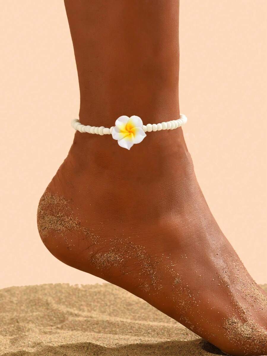 1pc Plumeria Design Anklet For Women, Minimalist Boho Beach Style Glass Beads Ceramic Plumeria Anklet