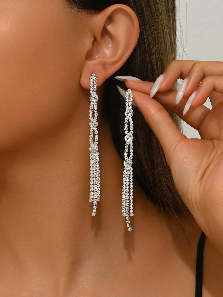 1 par de pendientes largos con borlas de rhinestone, joyería de estilo minimalista coreano para vestidos de fiesta para mujeres