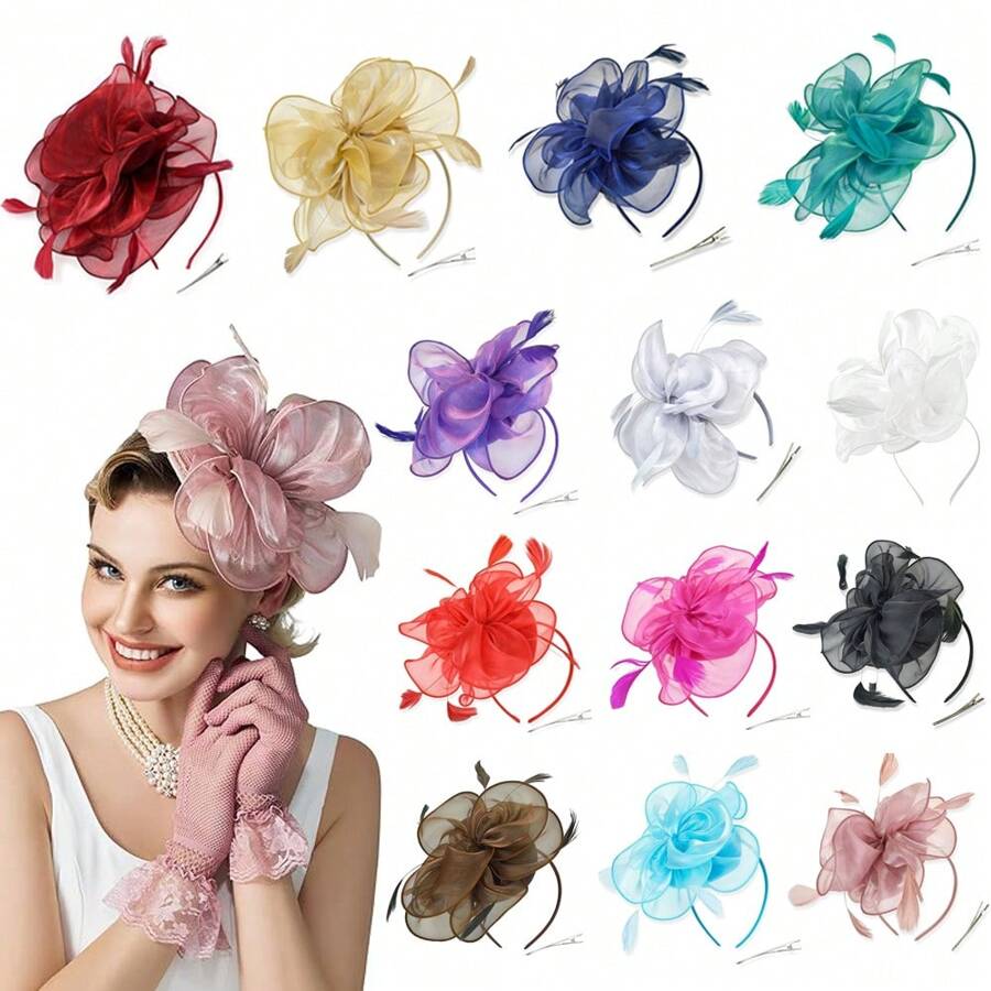 1 Stück Fascinator Hut Teezeremonie Kopfschmuck mit Bändern, Federn auf Haarband und Clip für Mädchen und Frauen, Haaraccessoire