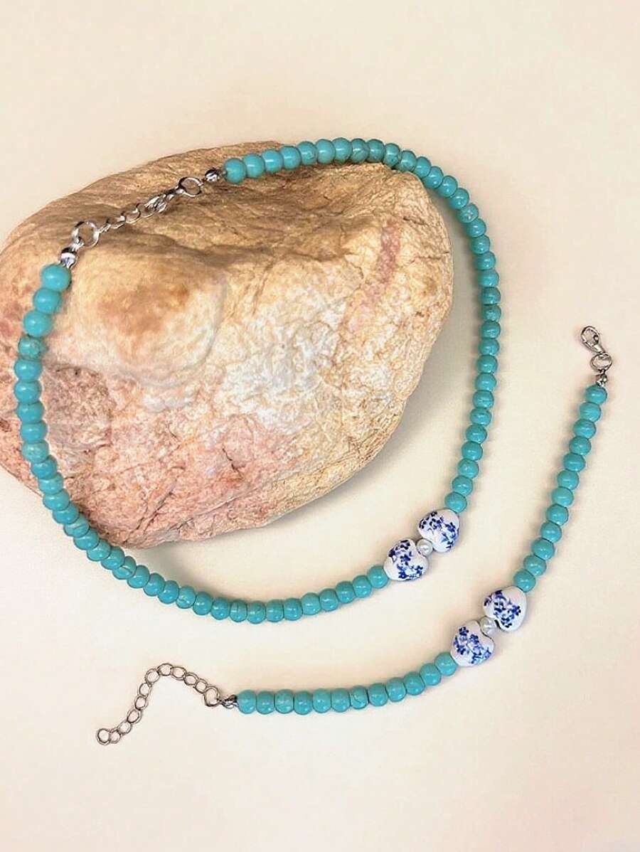 2pcs Fashion Turquoise Blue And White Cizhu Necklace And Bracelet Unique Design Women's Jewelry Set Suitable For Decorative Wearing And Holiday Gifts
