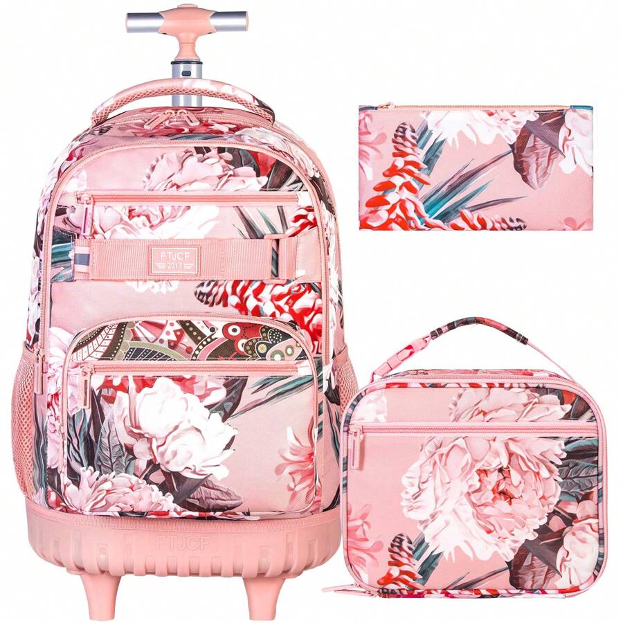 Rolling Backpack For Girls, Girl Roller Wheels Bookbag, Laptop Flower Wheeled School Bag With Wheels For Teens