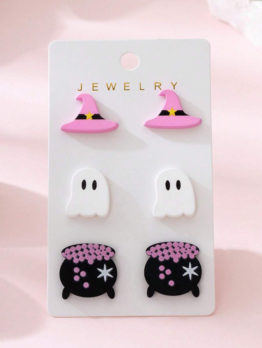 3pcs/Set Halloween Witch Hat, Ghosts Earrings, Handcraft Design Jewelry Set, Perfect Gift For Party And Festival