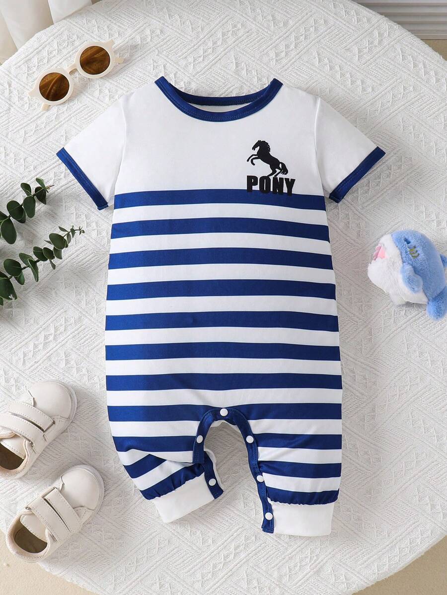 Baby Boys Cute Casual Gift Outdoor Comfortable Soft Cartoon Horse & Letter Print Colorblock Striped Crew Neck Short Sleeve Romper, Summer