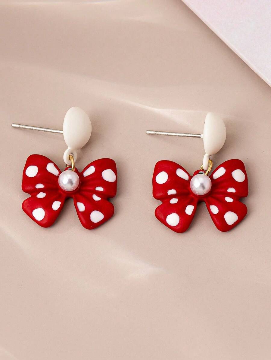 1 par de pendientes personalizados de moda con estampado de lunares rojos y moños multicolor, adecuados para niñas, uso diario y fiestas