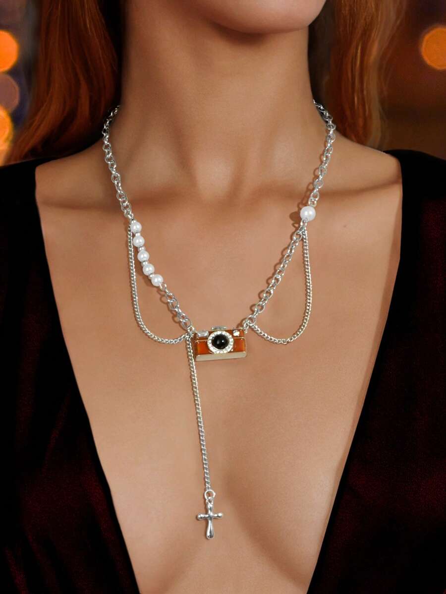 1 Pc Stylish Silvery Chain Camera Cross Charm Collar Necklace For Women School Party Daily Prom Jewelry Accessories