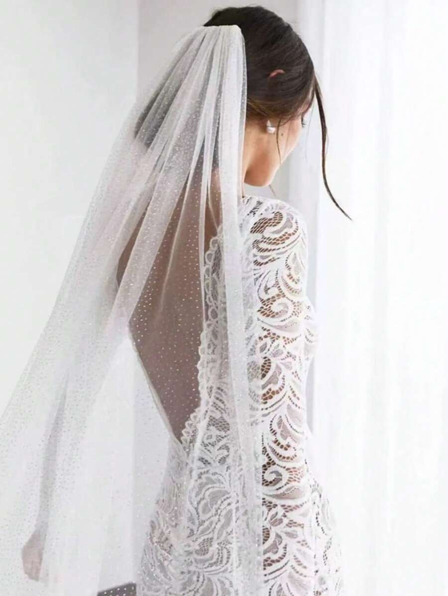 1pc White Shiny Chiffon Single Layer Blusher Veil, Suitable For Bridal Veil With Metal Comb, Women Headpiece For Easter