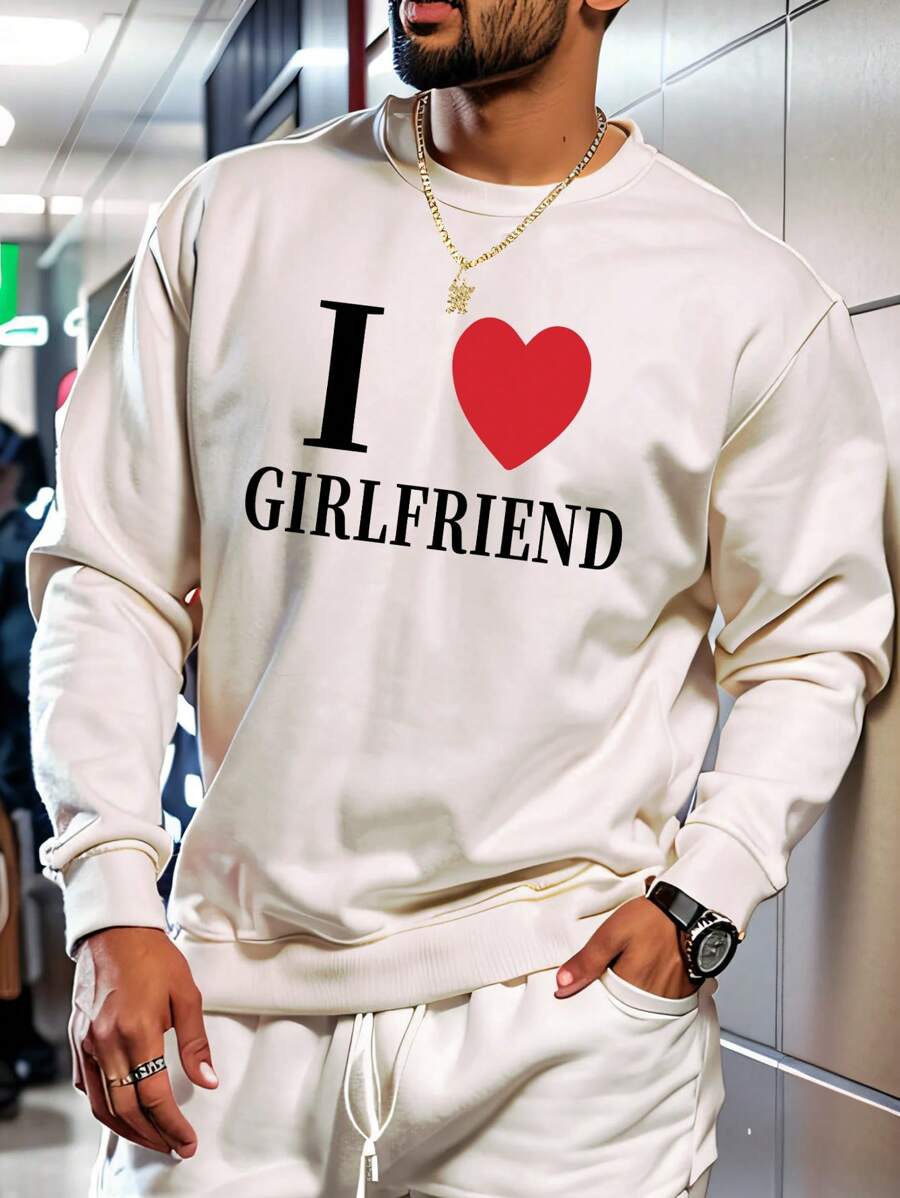 Men's Spring Autumn New Sports Casual Sweatshirt With "I Love Girlfriend" Graphic Print, Suitable For Outings, Friends, Outdoor Travel, Everyday Casual Wear, Sports And Gym Workouts, Lightweight, Comfortable, Versatile Short Sleeve Hoodie