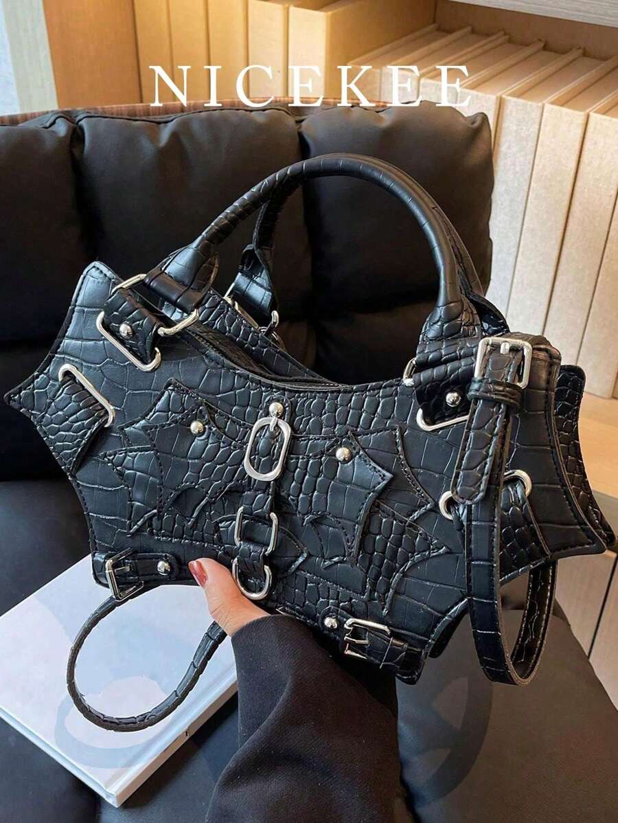 Gothic Bat Wing Handbag Y2K Rock Punk Style Rivet Decoration Solid Color Crocodile Pattern Adjustable Shoulder Strap Shoulder Crossbody Bag Suitable For Cosplay Party Halloween Music Festival Street Shooting.