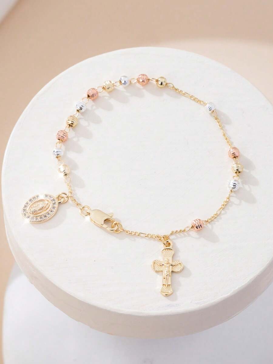 Elegant 14K Gold-Plated Virgin Mary And Cross Pendant Bracelet, Made Of Cubic Synthetic Zirconia - Three Color Design, Very Suitable For Mother's Day, Daily Wear And Prayer - Is An Ideal Gift For Moth