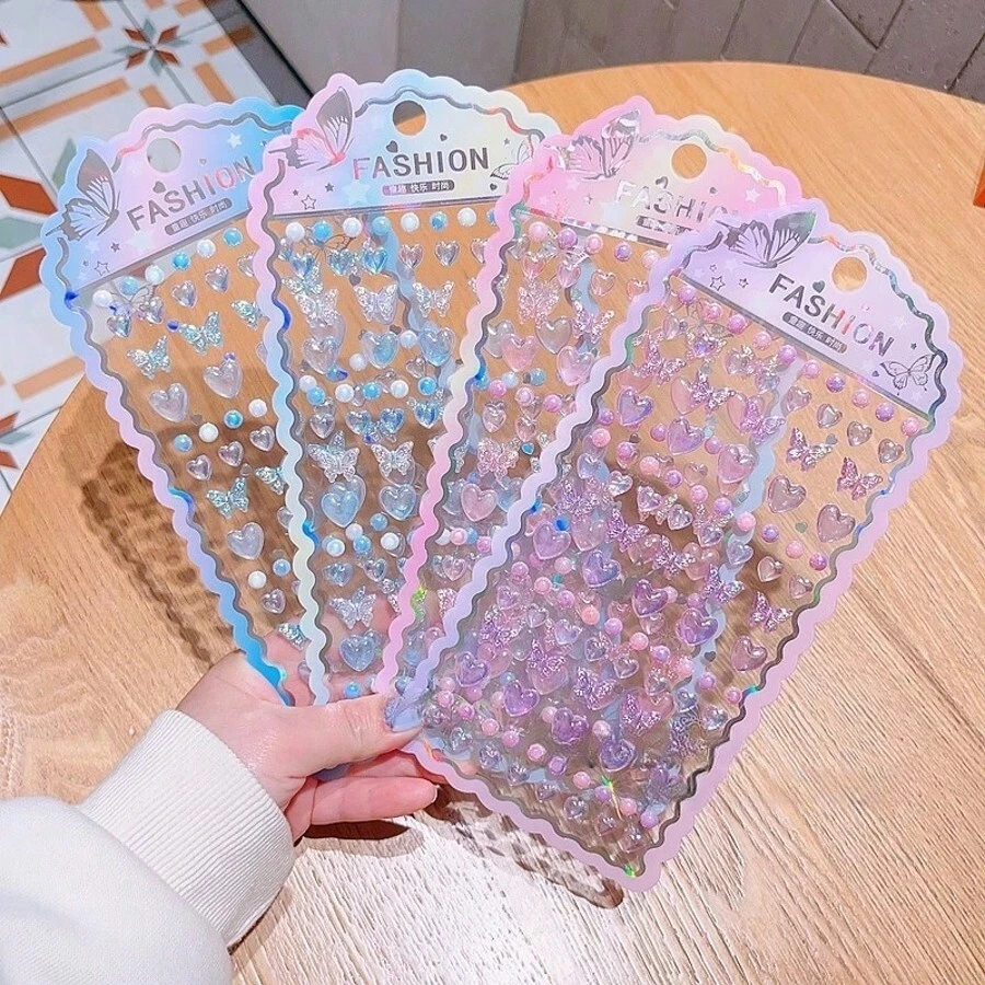 3D Colorful Butterfly Love Rhinestone Gem Embossed Sticker Phone Case Photo Card Decorative Sticker,School Supplies,Back To School