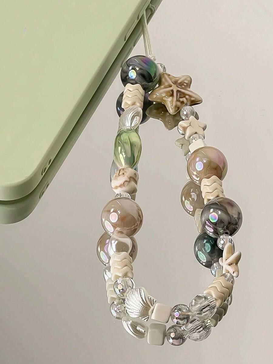 1 pieza Cordón único para teléfono hecho a mano con perlas, conchas y estrellas de mar, accesorio DIY para primavera/verano, correa para cámara CCD (las cuentas pueden ser aleatorias)
