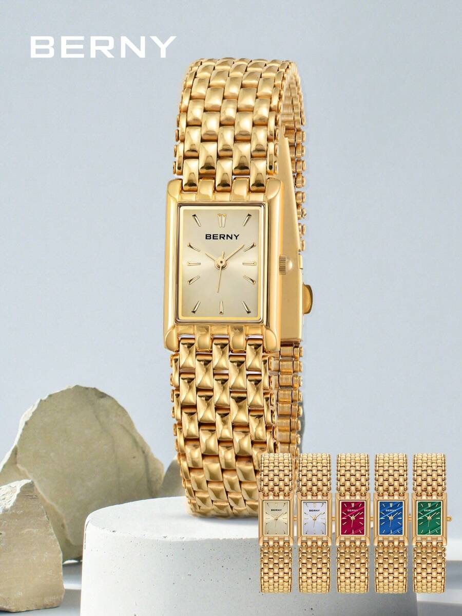 BERNY 1 Stück Damen Edelstahl-Armband, luxuriöse elegante Mode quadratisches Zifferblatt Analog Quarz Armbanduhr, 30m wasserdicht, geeignet für den täglichen Gebrauch