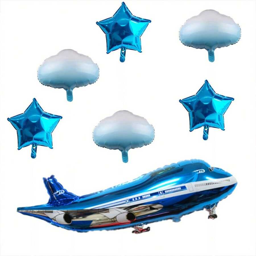 7 Stücke große Flugzeug, weiße Wolke, Stern Aluminium-Folienballons, geeignet für Geburtstagsfeiern, Piloten-Abenteuer-Thema Dekoration