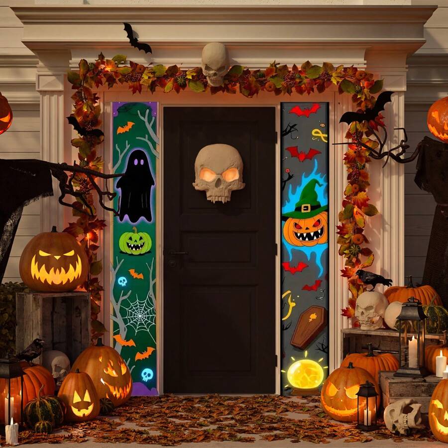 1pc Halloween Horror Ghost & Pumpkin Pattern Couplet, Suitable For Halloween Party, Holiday Party, Home Decor, Perfect For Halloween Decoration Couplet Fall Decor Room Decor Autumn Decor