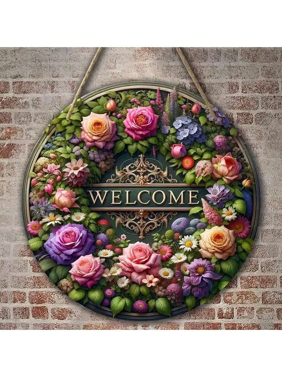 1 Stück, Blumen Willkommensschild, rundes Holzschild, Mitteldekoration mit Blumenkranz, Muttertagssegen, Sommerschild, Bauernhausdekoration für die Wand, Veranda Dekoration, perfektes Geschenk für Damen, aus künstlichem Holzmaterial.