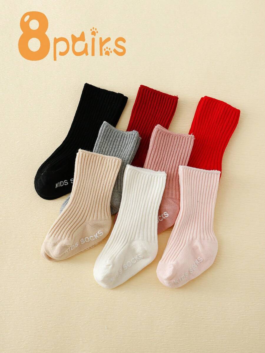 8Pairs Classic Simple Design Baby Crew Socks, Anti-Slip Dotted Sole Indoor Floor Socks, Suitable For 0-3 Years Old Boys And Girls, Newborns, Daily Wear