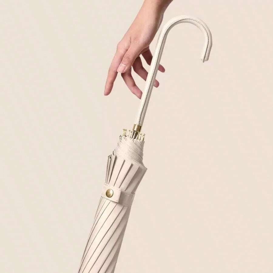 1PC Japanese Simple Long Handle Umbrella - Solid Vintage Design, Leather Grip, Straight Handle Classic Umbrella For Women.