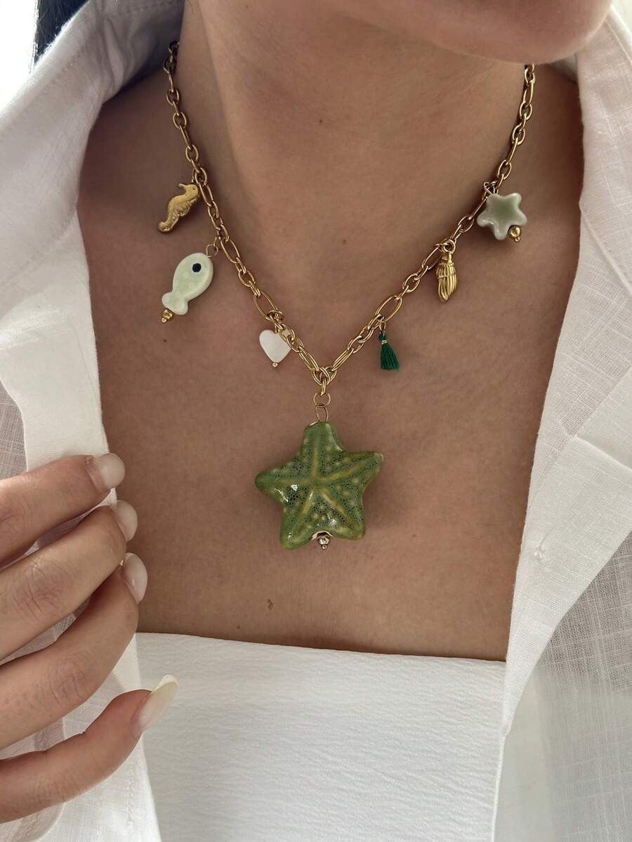 1pc 18K Gold Plated Stainless Steel Green Starfish, Seahorse, Fish Pendant Necklace, Fashionable For Beach/Ocean