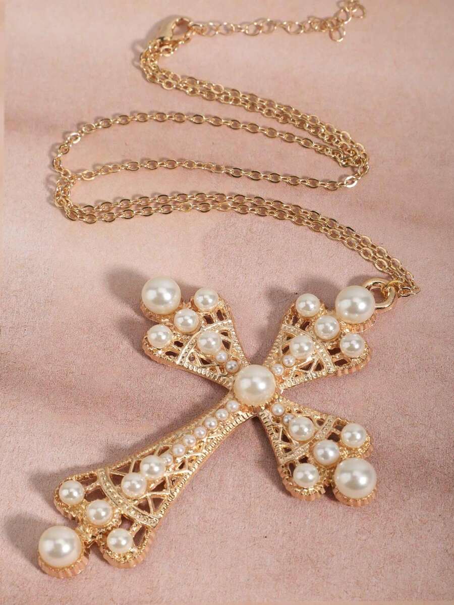 Vintage Gothic Style Cross Necklace, Y2K Fashion Luxury Faux Pearl Inlaid Geometric Cross Pendant Necklace For Women