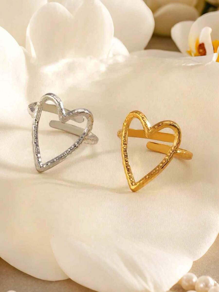 1 Stück Edelstahl 2 Farben Herz Ring Schöne Frau Exquisite Schmuck Geschenk Für Liebhaber, Cut Out