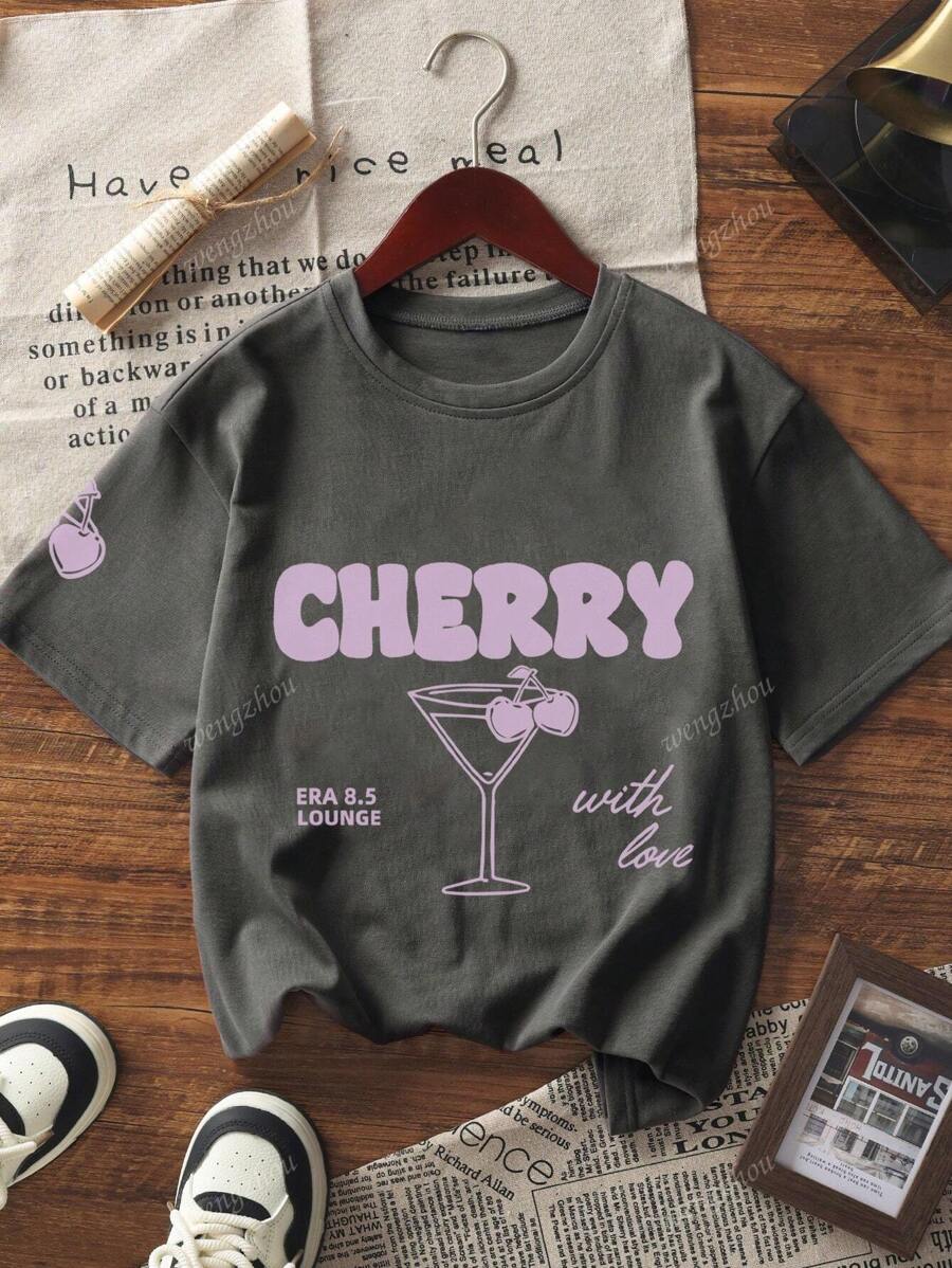 Camiseta feminina com estampa de mistura de cerejas e gola redonda, manga curta, blusa versátil e moderna