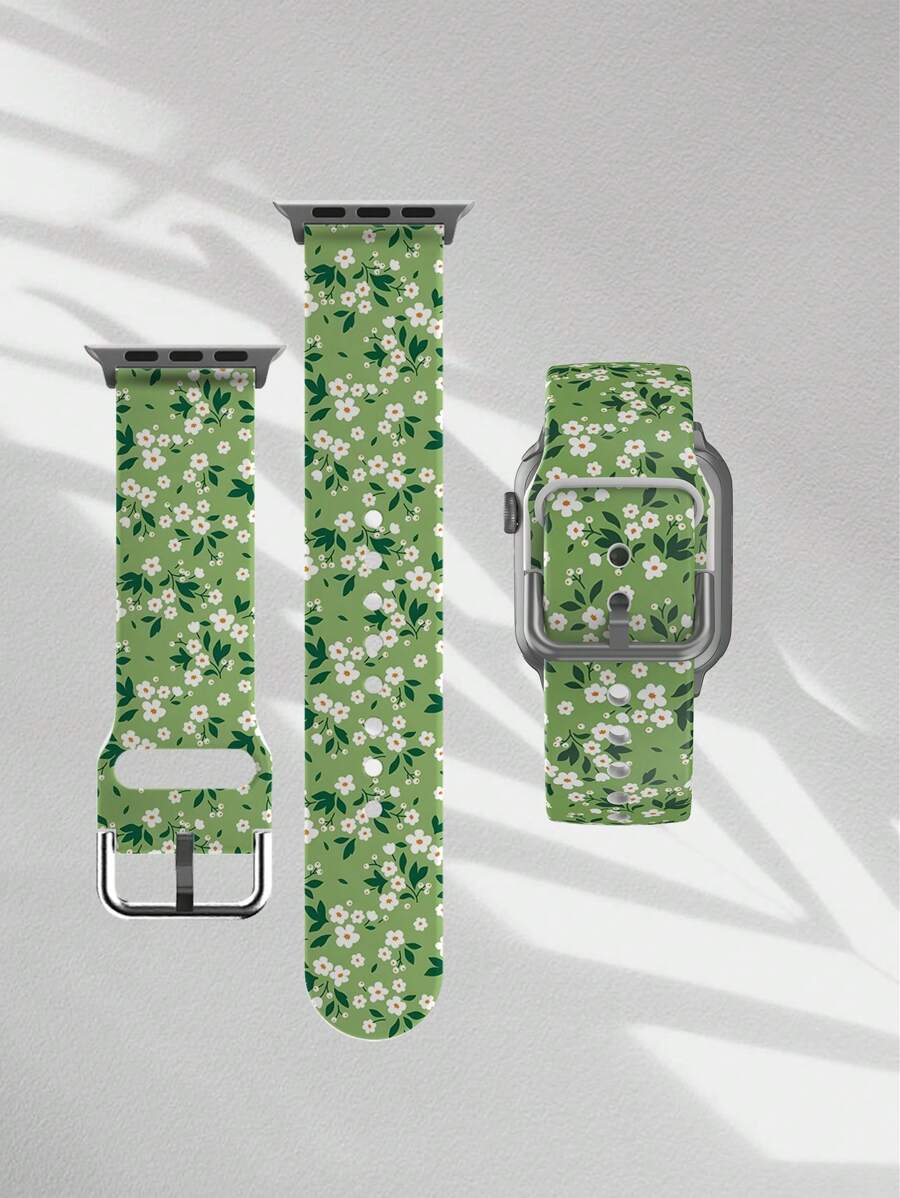 1 pieza Pulsera de repuesto suave y elástica con patrón de flor blanca sobre fondo verde, transpirable, compatible con Samsung, Garmin, Honor smartwatches, 38mm 40mm 41mm 45mm 44mm 42mm 49mm. Correa de silicona elegante y casual, compatible con Ultra SE/10/9/8/7/6/5/4/3/2/1