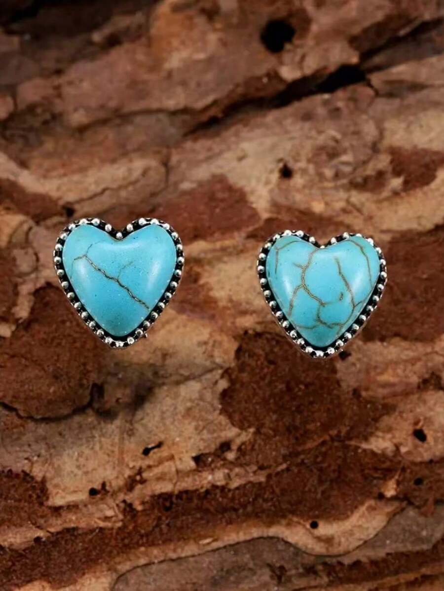 Nuevos pendientes con forma de corazón de turquesa en estilo joyería occidental, regalo de pendientes sencillos y elegantes