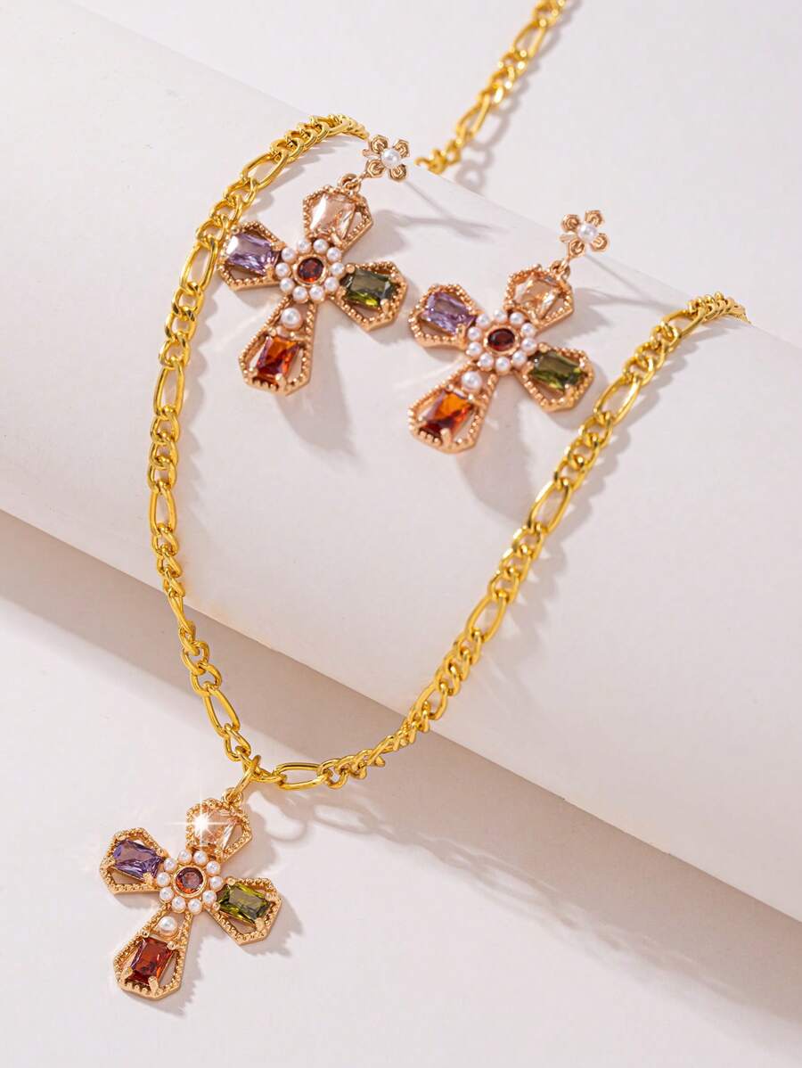 Ensemble de 3 pièces: Collier et boucles d'oreilles en cuivre avec croix en zircone et fausses perles, style de luxe élégant. Convient pour les banquets, les fêtes, le port quotidien. Cadeau de bijoux pour la famille, les amis, l'épouse, la petite amie