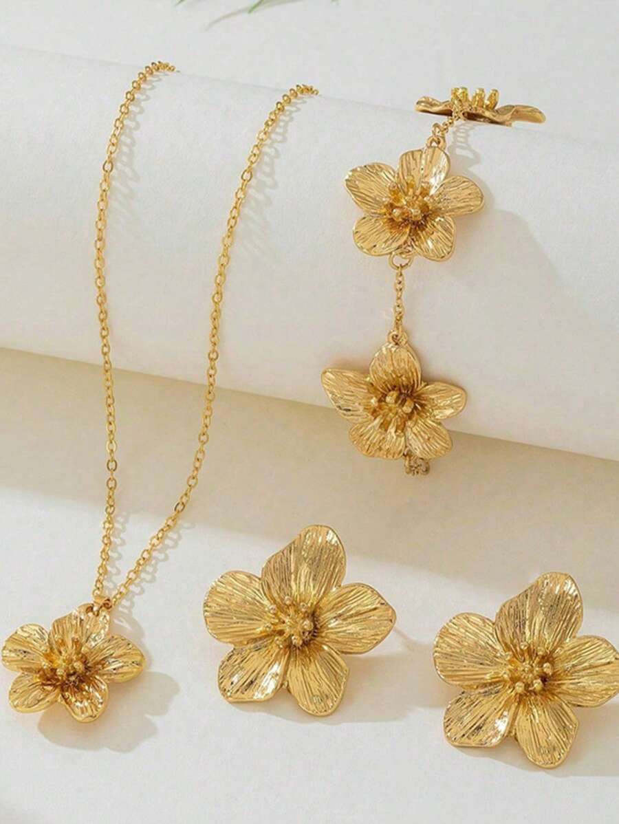 Angesagter europäischer & amerikanischer Modeschmuck mit Blume Muster, goldene Blumenanhänger Halskette, Armband, Ohrringe für Frauen