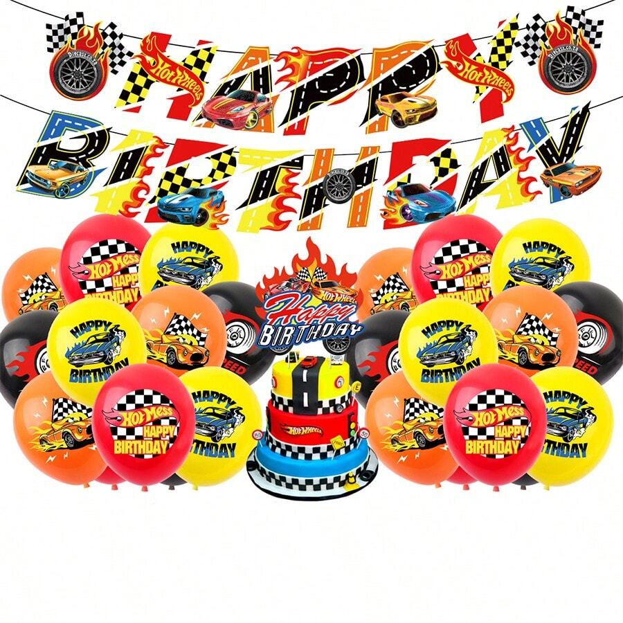 Hot Wheels 17/10PCS Hot Wheels Theme Balloons Party Decor, Full Set Birthday Banner & Assorted Racing Car Balloons For Teens Birthday Event