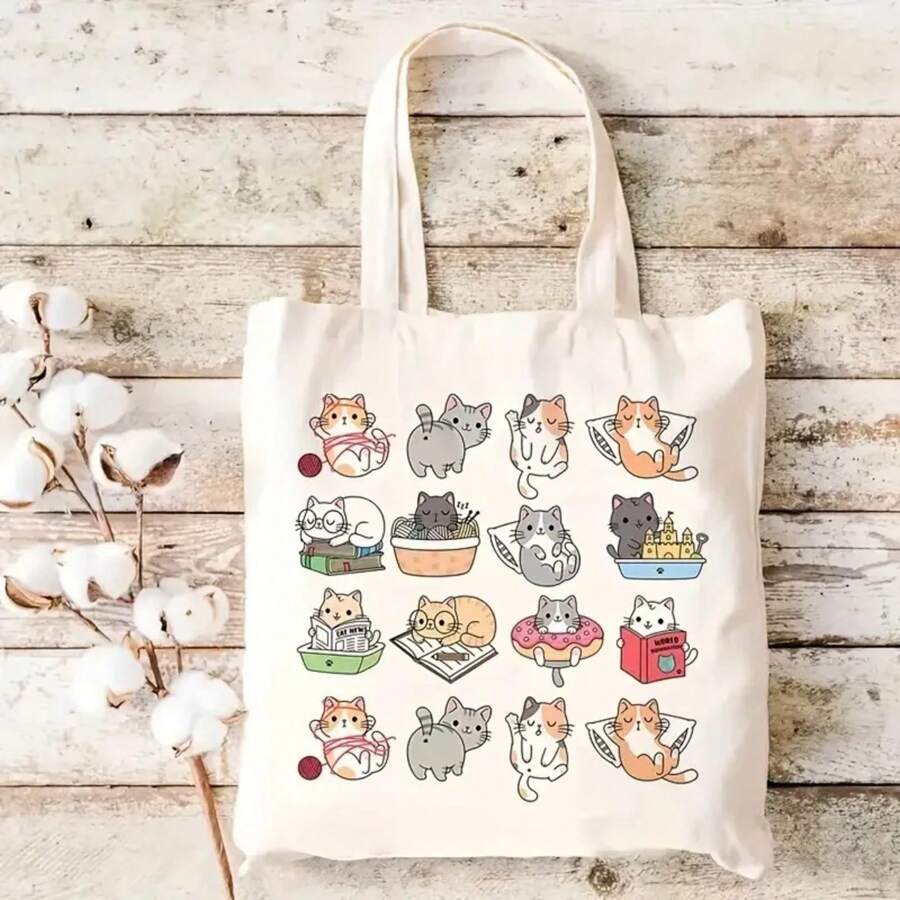 Cute Cat Print Tote Bag, Large Capacity Shoulder Shopping Bag For Leisure And Everyday Use Multipurpose Reusable Fashion Handbag