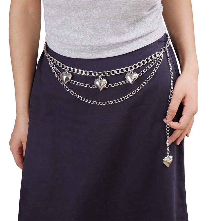1 pièce Chaîne de taille multicouche en métal punk en forme de cœur, accessoire de décoration hip-hop à la mode pour un usage quotidien