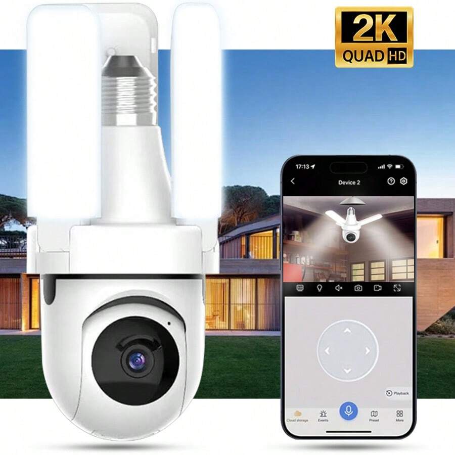 Telecamera di sicurezza senza fili, telecamera a forma di lampadina, senza fili 2,4 GHz 2K HD, sensore di luce LED, visione notturna a infrarossi, audio bidirezionale, rilevamento del movimento, telecamera di sicurezza per il monitoraggio domestico