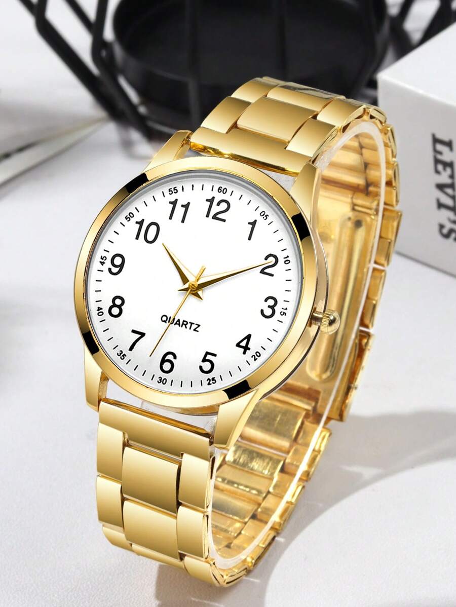 Relógio masculino de quartzo, elegante e versátil, com mostrador redondo e pulseira de aço em liga de ouro, o melhor presente para homens, adequado para presentes de Natal e uso diário