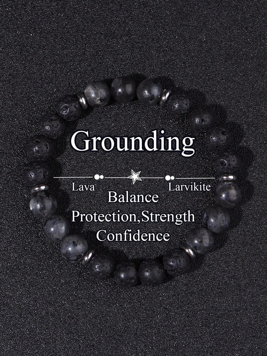 Lava & Larvikite Beaded Men's Grounding Bracelet, Crystal Healing, Protection, Willpower, Focus, Strength, Confidence Jewelry Unisex Gifts For Husband, Boyfriend, Dad