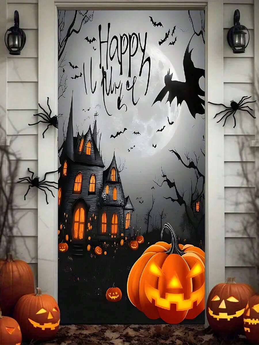 Semn de bun venit 2D pentru ușă de Halloween - Scenă cu castel de dovleac și lună și lilieci - Poliester durabil 70,8x35,4 inci Decor interior/exterior pentru Halloween, grădină, terasă - Nu necesită electricitate, Decorațiune de Halloween, Sărbătoare, Imprimare de înaltă calitate, Decor fără electricitate, Planificator de petreceri