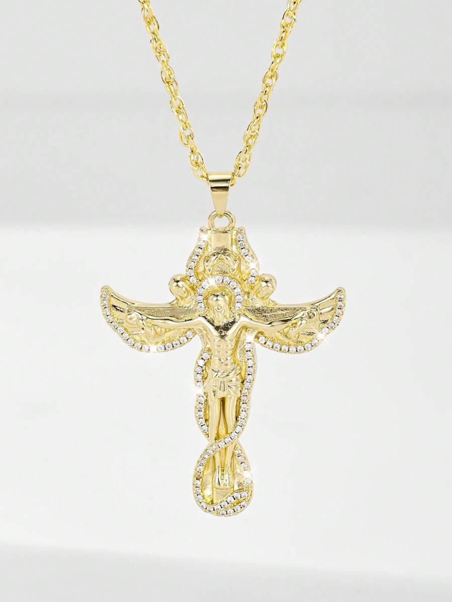 1 pièce Nouveau collier pendentif 2025 en cuivre hypoallergénique avec pierre en zircone, ailes d'ange et croix de Jésus. Convient comme cadeau pour la mère, la Saint-Valentin, les couples, les amis, les membres de l'église, la communion, le port quotidien et les fêtes, la prière
