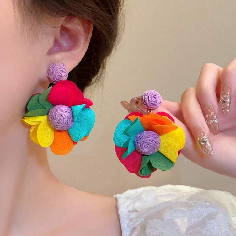 1 Paar raffia geflochten große Blumen Ohrringe, bunter Boho-Stil weiße Quasten Accessoires für Party, Reise, Strand