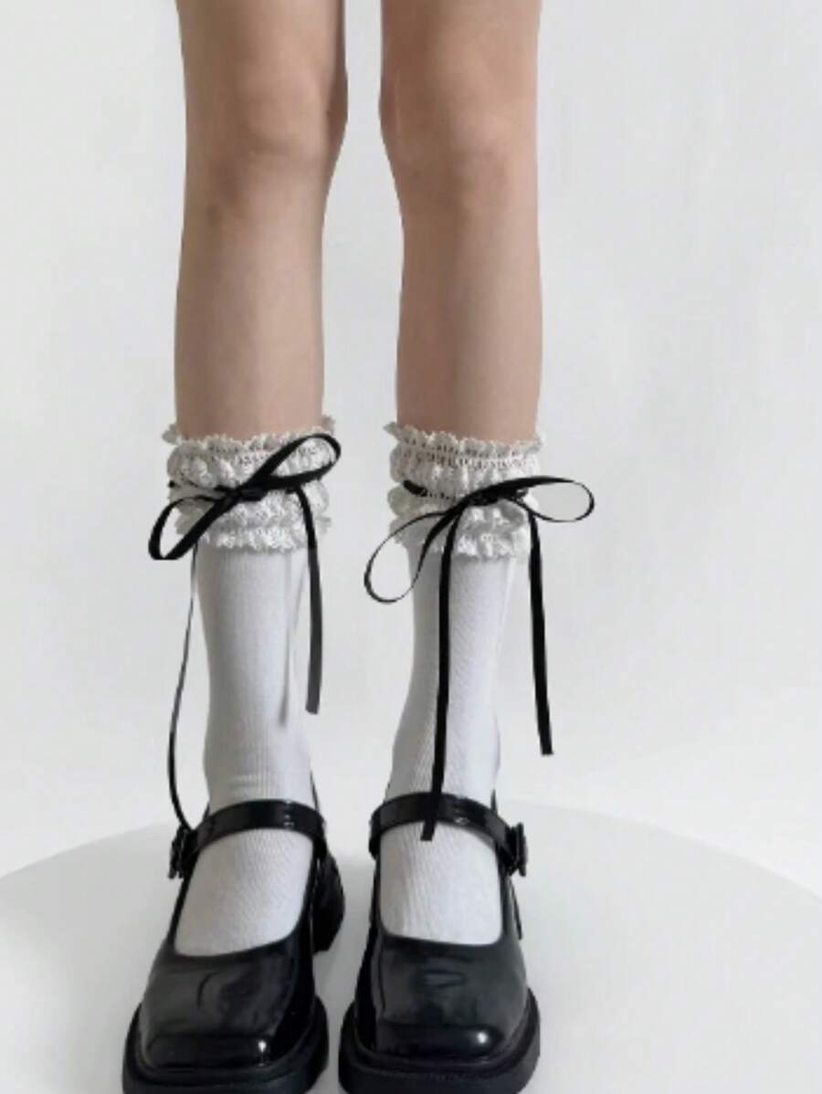 1 par de calcetines cortos de mujer con decoración de cinta estilo japonés lindo