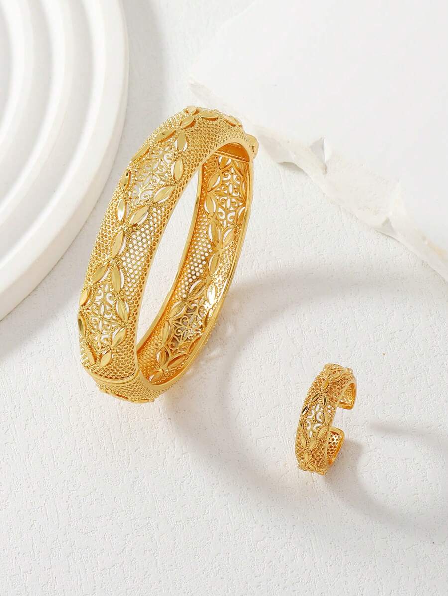 2pcs Set: 22K Gold Plated Hollow Cross & Wheat Pattern Bangle Bracelet And Ring Middle Eastern Saudi Arabia Style Jewelry, Gift For Family And Friends