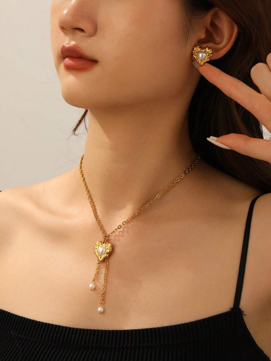 3 Stücke Vintage 18 Karat Vergoldet Edelstahl Herz & Perlen Schmuckset - Halskette & Ohrringe, elegantes Charm Geschenk für Frauen, modisch & einzigartig