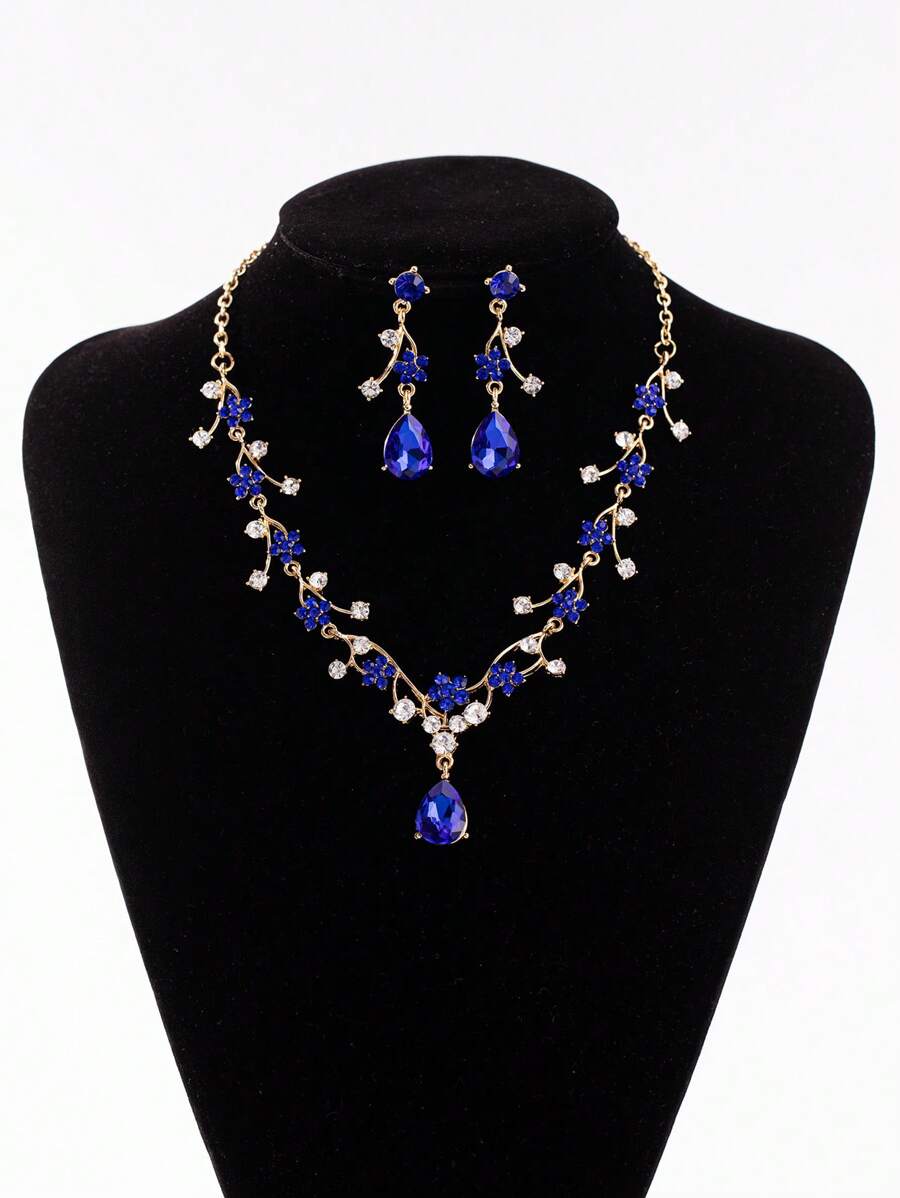 3pcs Set Luxury Rhinestone Flower Star Design Necklace & Earrings Jewelry Set, Elegant Decor For Women's Wedding, Party, Banquet, A Special Gift For Wife, Girlfriend, Family