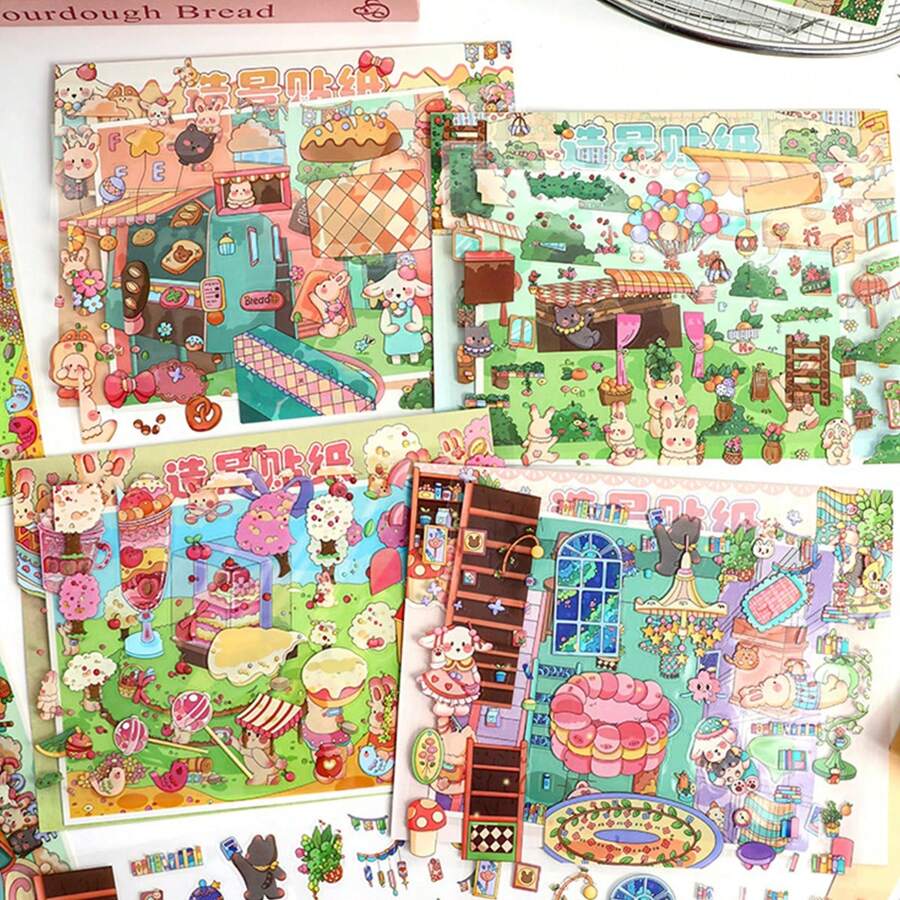 Landschaftsaufkleber, 3D Miniatur-Haus-Szene Aufkleber, handgefertigte Collage-DIY Kleinaufkleber für Kinder, Schulmaterial, Schulanfang