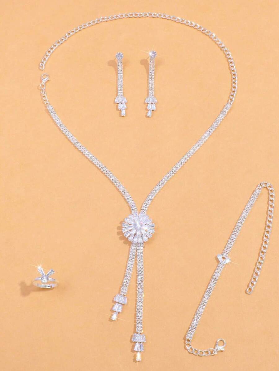 Conjunto de 4 peças de colar, brincos, pulseiras e anéis de prata com zircônia e flores para mulheres, verão, festa, casamento