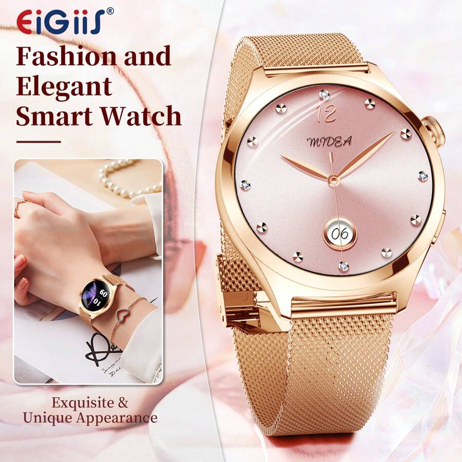 EIGIIS Montres connectées pour femmes, 1,27" Écran coloré, montre connectée sans fil (répondre/passer un appel) pour Android et iOS, tracker de fitness avec moniteur de sommeil, modes multisports, rappel, cadeau pour petite amie, simple, à la mode, classique, cadeau de fête
