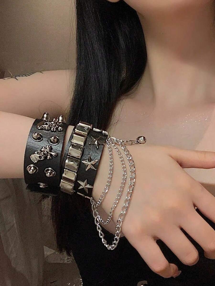 2 buc punk nită stele PU piele brățară pentru femei bărbați hip hop gotic întuneric fată rock bijuterii brățară brățară dragoste lanț hip hop accesorii