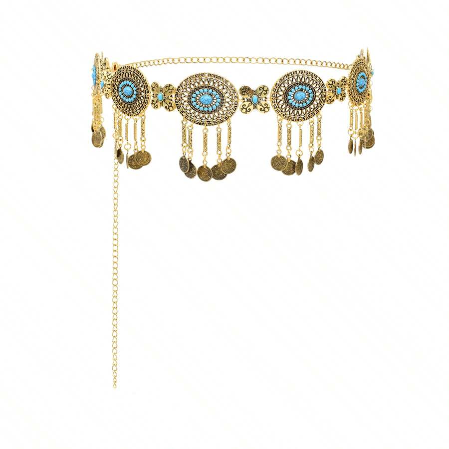 1 pièce Best-seller Chaîne de taille en fausse turquoise, bijou de corps sexy à cristaux multicouches avec gland, style vintage