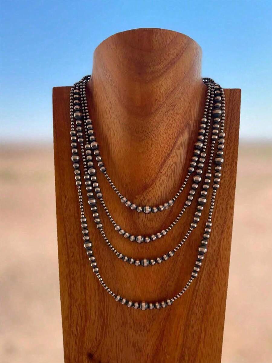 Juego de 4 collares occidentales de mujer con perlas falsas, collares largos artesanales tipo boho con perlas y turquesa para vaqueras