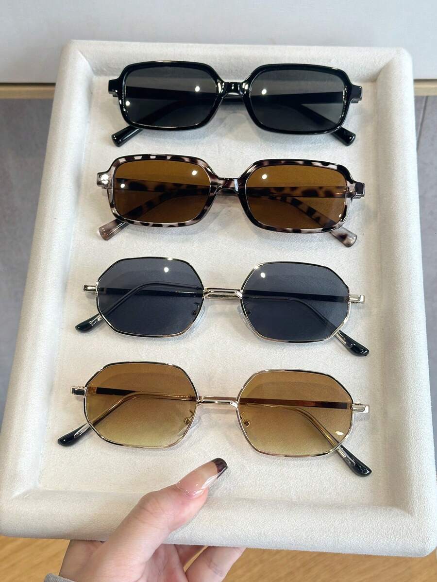 4 Stücke geometrische Kunststoff- und Metallbrille mit mehreren Farben, Klassischer Freundschaftsstil, Personalisierte Damenfashion Brille Kombination für Outdoor Freizeitaktivitäten, Alltag, Straßenaufnahmen, tropische Strandurlaube, modische Accessoires geeignet für alle Gesichtsformen, Schulanfang, Preppy-Stil, Schulaussehen